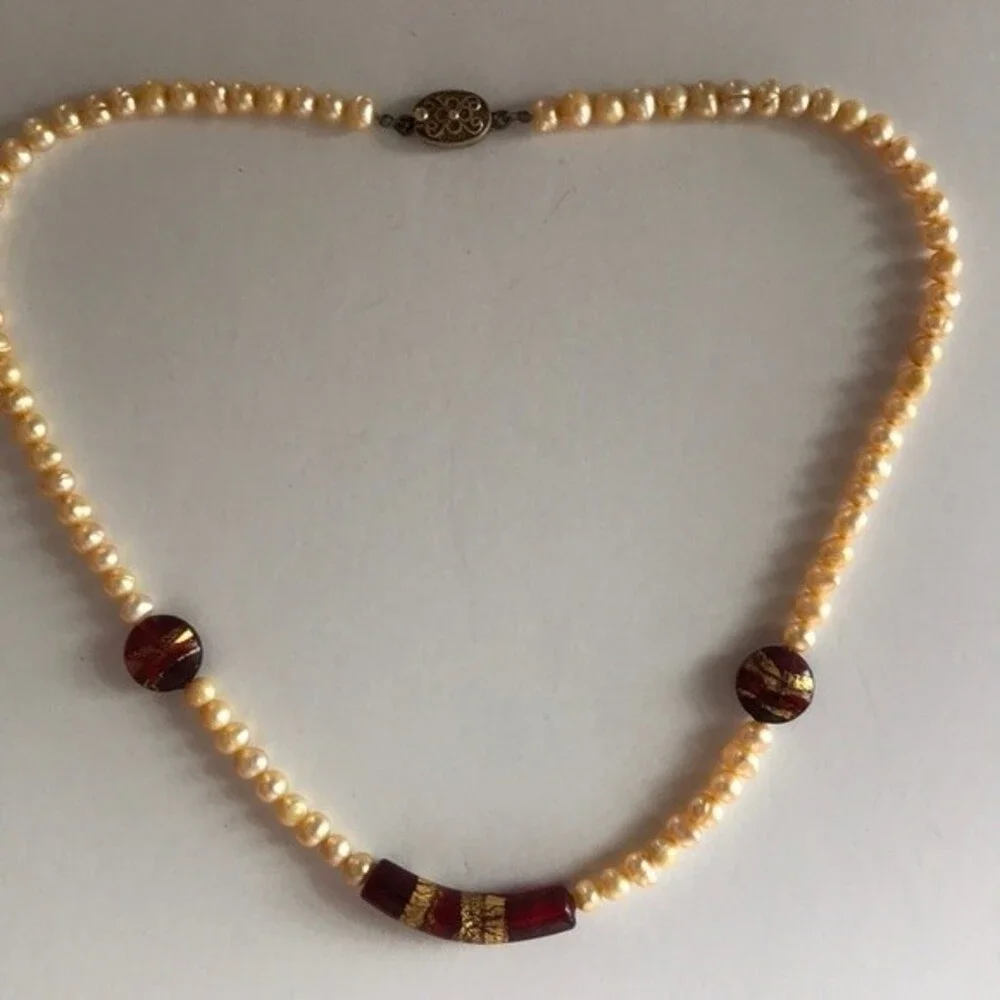 Vintage Handmade Venetian Glass Freshwater Gold Pearl Sterling Clasp Necklace 18
